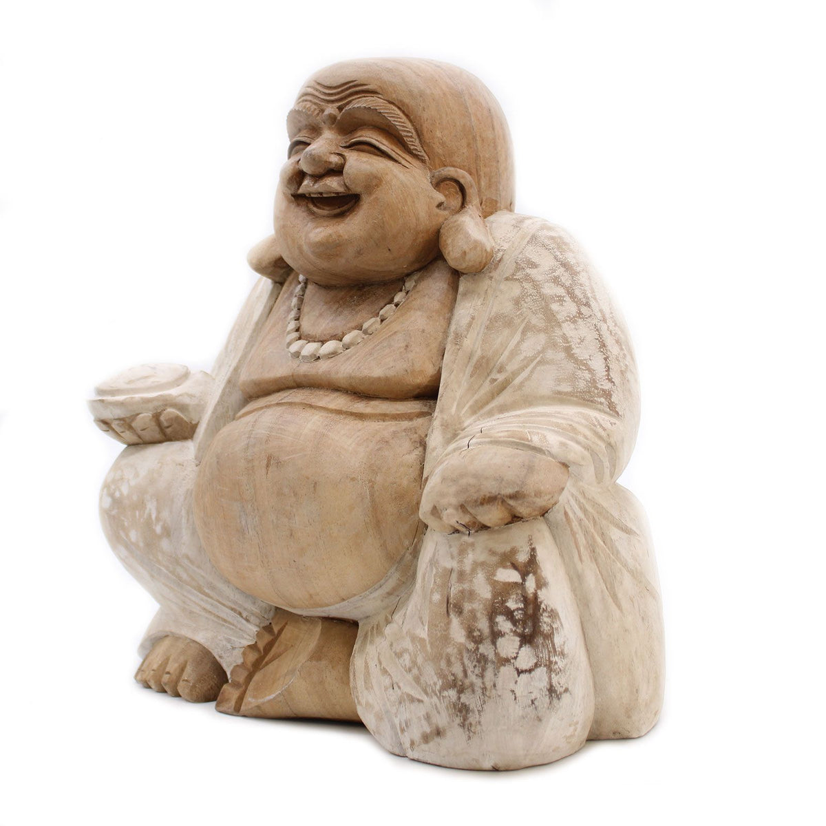 Hand Carved Buddha Statue - 30cm Happy - Whitewash