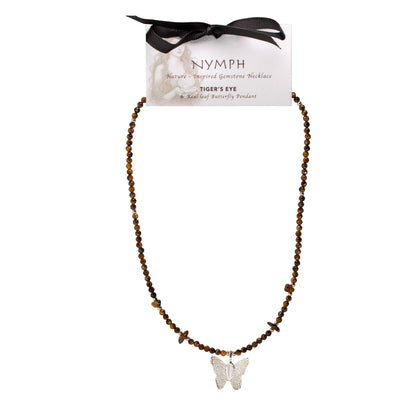 Nymph Tiger's Eye Gemstone Necklace with Real Leaf Butterfly Pendant