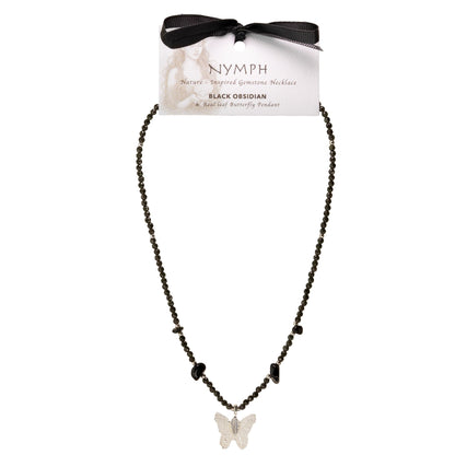 Nymph Black Obsidian Gemstone Necklace with Real Leaf Butterfly Pendant