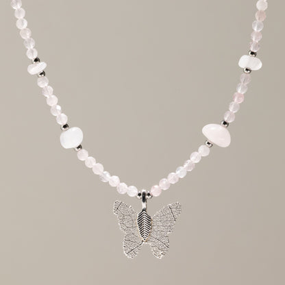 Nymph Rose Quartz Gemstone Necklace with Real Leaf Butterfly Pendant