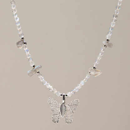 Nymph Labradorite Gemstone Necklace with Real Leaf Butterfly Pendant