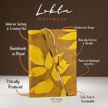 Lokta Bold Floral Bamboo Lock Notebook – Medium (15x12cm) – 45 Leaves – Mustard Brown